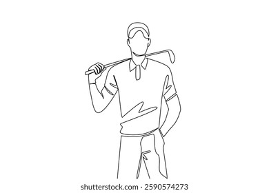 Single one line drawing a man wearing gloves and a hat puts a golf club on his back shoulder. First day of practice. Train. Tournament. National Golf Day. Continuous line design graphic illustration