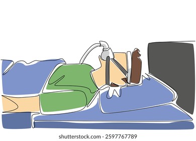 Single one line drawing a man sleeping on a bed using a blanket while wearing a CPAP mask. Helps keep breathing. Healthcare. Sleep Apnea Awareness Day. Continuous line design graphic illustration