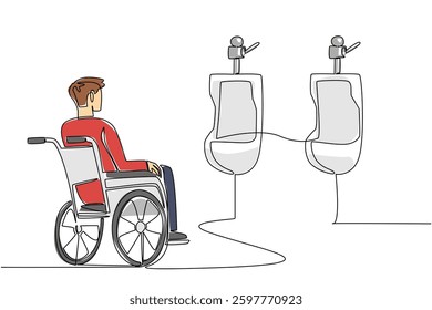 Single one line drawing a man sitting in a wheelchair looking at 2 urinals. A building that is not friendly to the disabled. National Barrier Awareness Day. Continuous line design graphic illustration