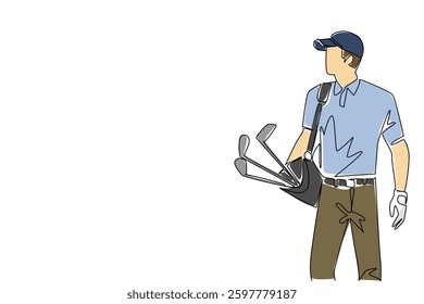 Single one line drawing man wearing a hat and gloves carrying a various golf clubs with golf bag. The newbie who just started practicing. National Golf Day. Continuous line design graphic illustration