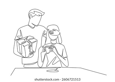 Single one line drawing a man standing behind a woman covering the eyes of the woman who sitting enjoying coffee. Desire to make an impression. Surprise. Continuous line design graphic illustration