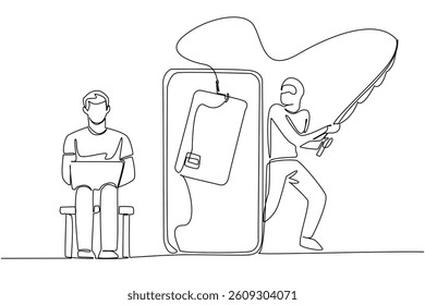 Single one line drawing man sits on small sofa hold laptop and thief fishing credit card. Important data is overlooked. National Senior Fraud Awareness Day. Continuous line design graphic illustration