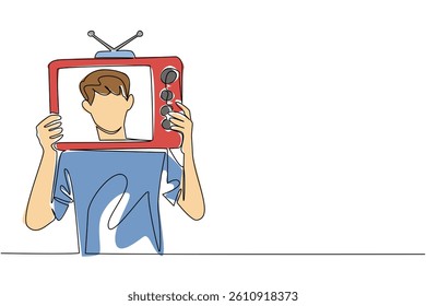 Single one line drawing a man in casual clothes holding an old television made of cardboard. Acting funny to entertain. Old technology. Inside Television. Continuous line design graphic illustration