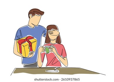 Single one line drawing a man standing behind a woman covering the eyes of the woman who sitting enjoying coffee. Desire to make an impression. Surprise. Continuous line design graphic illustration