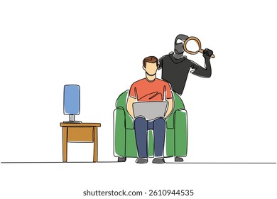 Single one line drawing man sitting on sofa holding laptop and thief using magnifier. Peeking at passwords. Crime. National Senior Fraud Awareness Day. Continuous line design graphic illustration