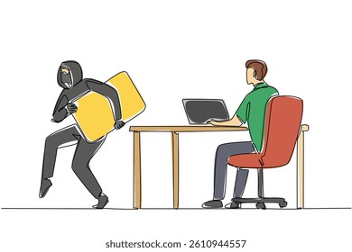 Single one line drawing man typing on laptop and thief taking large credit card. Weak security level. Easy to hack. National Senior Fraud Awareness Day. Continuous line design graphic illustration