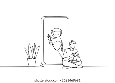 Einzeilige Zeichnung Mann sitzt mit gekreuzten Beinen hält ein Smartphone und großes Smartphone mit Roboter. Verbraucherfreundlichkeit. Internationaler Tag der virtuellen Assistenten. Grafische Illustration zum Liniendesign