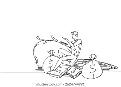 Uma única linha desenhando um homem sentado numa pilha de notas e saco de dinheiro enquanto jogava notas. Desperdiçar muito dinheiro. Descuidado. Seja um Dia dos Milionários. Ilustração gráfica de design de linha contínua