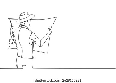 Single one line drawing a man wearing a vest and cowboy hat holding and stretching out a map. The eagle eyed, sharp seeker. National Scavenger Hunt Day. Continuous line design graphic illustration