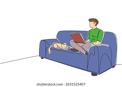 Single one line drawing a man sitting cross legged on sofa with laptop on lap and cat lying down. Making financial reporting. National Work From Home Day. Continuous line design graphic illustration