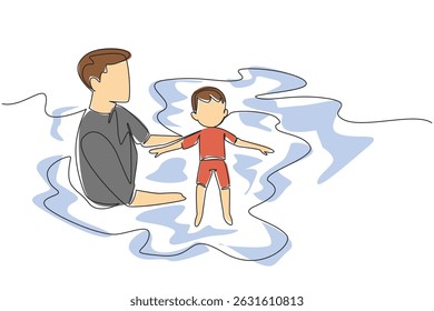 Uma única linha desenhando um homem segurando um menino deitado de costas aprendendo a nadar. Educação de ex-nadadores profissionais. Dia Nacional de Aprendizagem de Nado. Ilustração gráfica de design de linha contínua