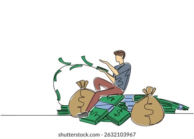 Single one line drawing a man sitting on a pile of banknotes and money bag while throwing banknotes. Waste a lot of money. Careless. Be a Millionaire Day. Continuous line design graphic illustration