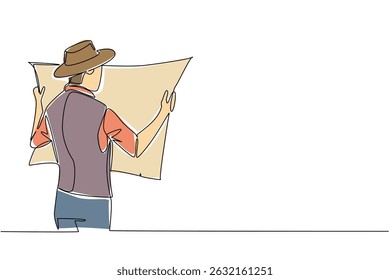 Single one line drawing a man wearing a vest and cowboy hat holding and stretching out a map. The eagle eyed, sharp seeker. National Scavenger Hunt Day. Continuous line design graphic illustration