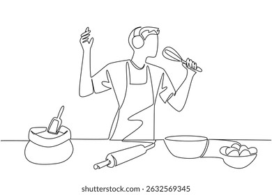 Single one line drawing a man wear apron and headphones cooking while singing holding a manual mixer. Style like a DJ when cooking. National Sing Out Day. Continuous line design graphic illustration