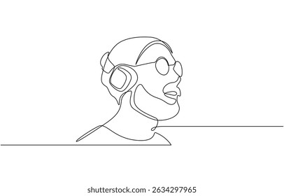 Single one line drawing man wearing headphones, Continuous one line drawing of happy man wearing headphone. Man listening music on headphones or earphones illustration. Editable vector.