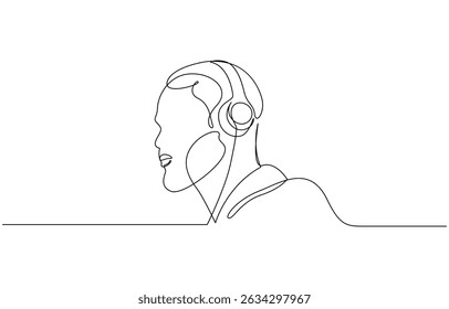 Single one line drawing man wearing headphones, Continuous one line drawing of happy man wearing headphone. Man listening music on headphones or earphones illustration. Editable vector.