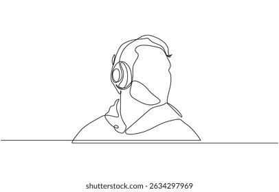 Single one line drawing man wearing headphones, Continuous one line drawing of happy man wearing headphone. Man listening music on headphones or earphones illustration. Editable vector.