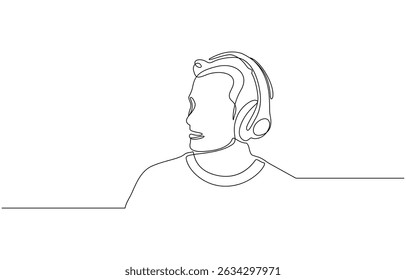 Single one line drawing man wearing headphones, Continuous one line drawing of happy man wearing headphone. Man listening music on headphones or earphones illustration. Editable vector.
