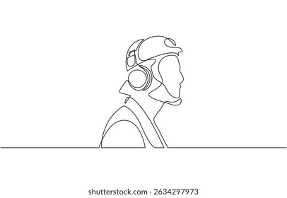 Single one line drawing man wearing headphones, Continuous one line drawing of happy man wearing headphone. Man listening music on headphones or earphones illustration. Editable vector.