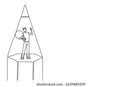 Single one line drawing a man carry a lightbulb with gesture in middle of the tip of pencil. Innovation and fresh ideas. Creative. National Creativity Day. Continuous line design graphic illustration