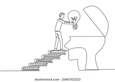 Single one line drawing a man walks carry a big lightbulb towards a silhouette of a head with an open top. Useful creative memory. National Creativity Day. Continuous line design graphic illustration