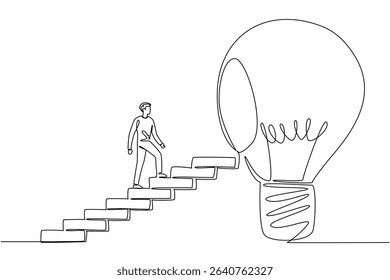 Single one line drawing a man walks up a ladder towards big lightbulb with hole in the center. Closing the gap. Clearing the mind. National Creativity Day. Continuous line design graphic illustration