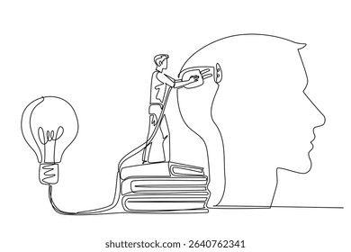 Single one line drawing a man stand on pile of thick books holds cable connected to big lightbulb. Sharpen memory by reading. Idea. National Creativity Day. Continuous line design graphic illustration