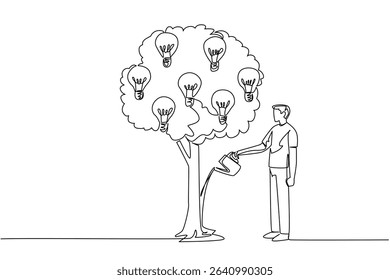 Single one line drawing a man watering a leafy tree that bears light bulbs. Taking good care of genius ideas. Investment of mind. National Creativity Day. Continuous line design graphic illustration
