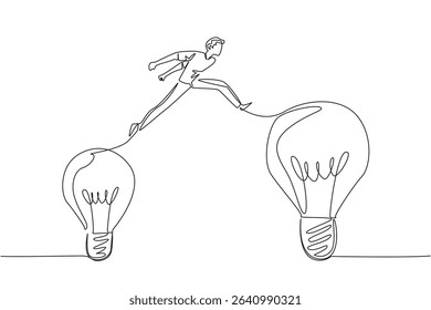Single one line drawing a man jumps from a small lightbulb to a large light bulb. Moving freely is the result of positive thinking. National Creativity Day. Continuous line design graphic illustration