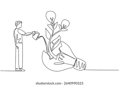 Single one line drawing a man watering plant with lightbulb fruit growing from inside broken lightbulb. Welcome brighter thinking. National Creativity Day. Continuous line design graphic illustration