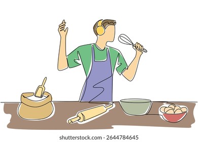 Uma única linha desenhando um homem usar avental e fones de ouvido cozinhar enquanto canta segurando um misturador manual. Estilo como um DJ quando cozinhar. Dia Nacional da Canção. Ilustração gráfica de design de linha contínua