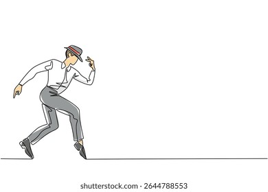 Single one line drawing a man wearing a white long sleeve shirt, trousers and a hat posing. Doing the moonwalk movement. Pro dancer. National Tap Dance Day. Continuous line design graphic illustration