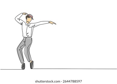 Single one line drawing a man wearing a white long sleeve shirt, a hat and his feet on tiptoes. Male dancer with phenomenal moves. National Tap Dance Day. Continuous line design graphic illustration