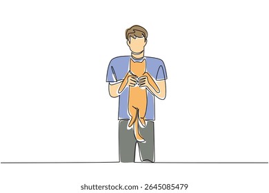 Single one line drawing a man holding a cat. Play all day at home with the favorite cute animals. Adorable cat. Friendship. International Hug Your Cat Day. Continuous line design graphic illustration