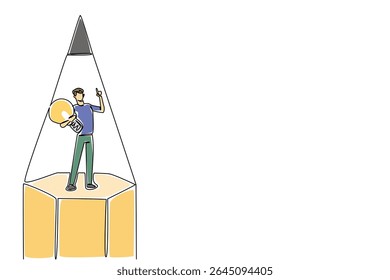 Single one line drawing a man carry a lightbulb with gesture in middle of the tip of pencil. Innovation and fresh ideas. Creative. National Creativity Day. Continuous line design graphic illustration