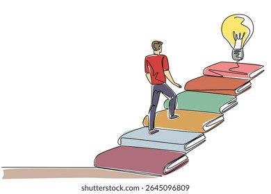 Uma única linha desenhando um homem anda em escadas feitas de livros e uma lâmpada flutuante. Lendo para encontrar a melhor solução. Ideia. Dia Nacional da Criatividade. Ilustração gráfica de design de linha contínua