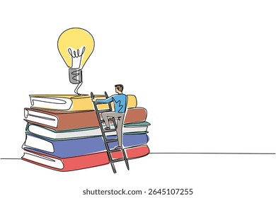 Single one line drawing a man climbs stack of thick books with lightbulb floats above. The long process of sharpening intelligence. National Creativity Day. Continuous line design graphic illustration