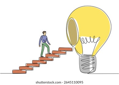 Single one line drawing a man walks up a ladder towards big lightbulb with hole in the center. Closing the gap. Clearing the mind. National Creativity Day. Continuous line design graphic illustration