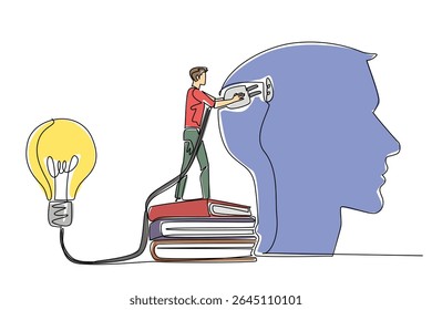 Single one line drawing a man stand on pile of thick books holds cable connected to big lightbulb. Sharpen memory by reading. Idea. National Creativity Day. Continuous line design graphic illustration