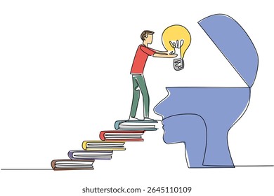 Single one line drawing a man walks carry a big lightbulb towards a silhouette of a head with an open top. Useful creative memory. National Creativity Day. Continuous line design graphic illustration