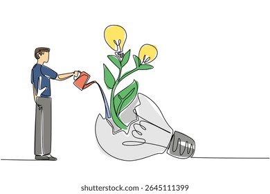 Uma única linha desenhando um homem regando planta com fruto de lâmpada crescendo de dentro lâmpada quebrada. Seja bem-vindo, pensamento brilhante. Dia Nacional da Criatividade. Ilustração gráfica de design de linha contínua