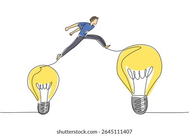 Single one line drawing a man jumps from a small lightbulb to a large light bulb. Moving freely is the result of positive thinking. National Creativity Day. Continuous line design graphic illustration