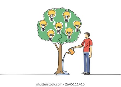 Single one line drawing a man watering a leafy tree that bears light bulbs. Taking good care of genius ideas. Investment of mind. National Creativity Day. Continuous line design graphic illustration