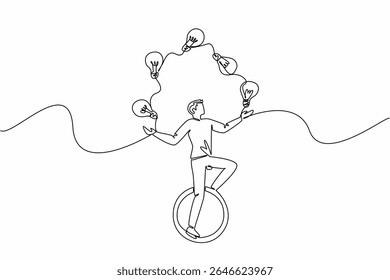 Single one line drawing a man in casual clothes riding unicycle and juggling 5 light bulbs. Train balance and creativity. Creative. National Creativity Day. Continuous line design graphic illustration