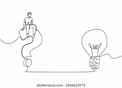 Single one line drawing a man sitting on big question mark symbol and a lightbulb. Confusion with big problems. Think more clearly. National Creativity Day. Continuous line design graphic illustration