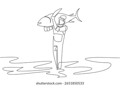 Single one line drawing a man wear jumpsuit and hat lift big fish on shoulder and walks on seashore. Satisfying fish catch. Persistent. Fisherman Hold Fish. Continuous line design graphic illustration