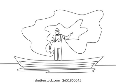 Uma única linha desenhando um homem usando um chapéu em pé em um barco de madeira enquanto lançava uma rede. Preparação séria antes da colheita. Pescador Segurar Peixe. Ilustração gráfica de design de linha contínua