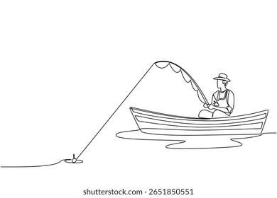 Uma única linha desenhando um homem usando um chapéu sentado em um barco de madeira enquanto pescava. Pegando o alvo lentamente. A velha maneira tradicional. Pescador Segurar Peixe. Ilustração gráfica de design de linha contínua