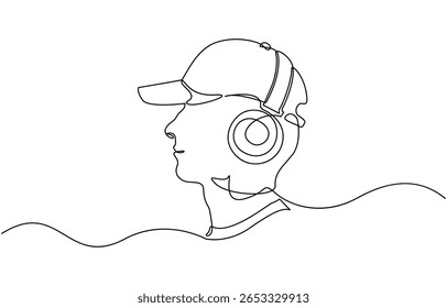 Um único homem de desenho de linha usando fones de ouvido, desenho contínuo de uma linha de homem feliz usando fone de ouvido, silhueta de contorno com espaço de cópia.