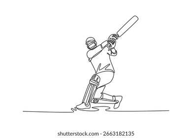Um único atleta de críquete homem desenho linha com taco de esportes rebatendo bola para partida profissional, competição. Homem com equipamento e capacete. Ilustração de vetor gráfico de design de desenho de linha contínua